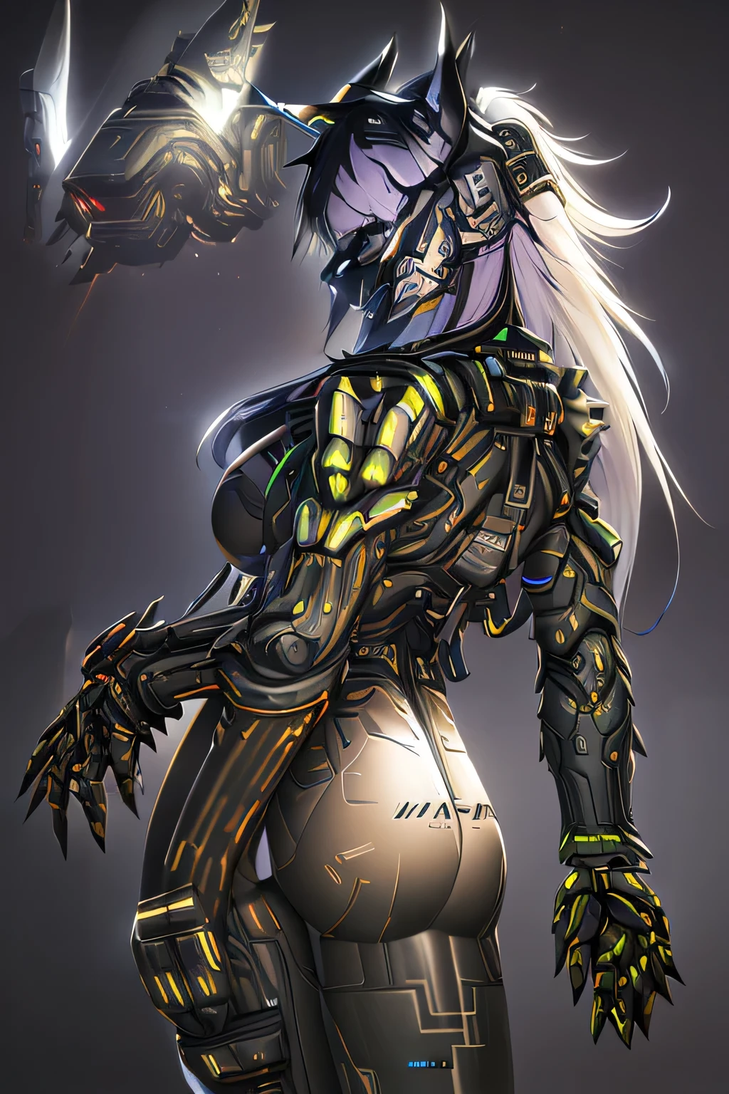 realistic shadow, realistic light, best backgroud, grey_wolf, wolf ears, long hair, white hair, wolf girl, wolf tail, tail, (cyber katana:1.4), mecha musume, mechanical arms, headgear, bodysuit, mechanical parts, robot joints, headgear, big breasts, best quality