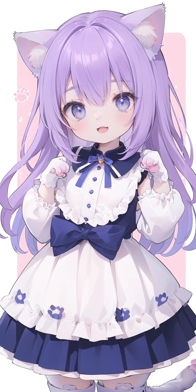 Cute Loli，Long hair，Purple Hair，Close one eye，Smile，open mouth，Piece logo，Big blue eyes，White Lolita，Pleated Skirt，Cat ears，Cat&#39;s Tail，Bow，Hair accessories，(Cat's paw gloves:2.0)，(White boots:2.0)，Leg ring，(whole body:1.7)，stage，Sing，Dance，(Paw pose:1.3)