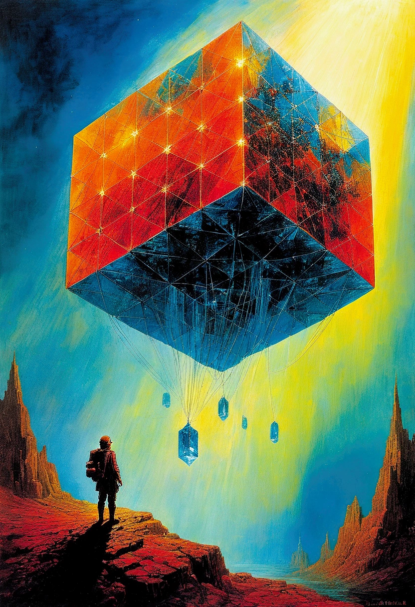 Giant transparent cube crystal spaceship，Old sci-fi posters, author：Zsław Beksinski 和 Jean.Gillot