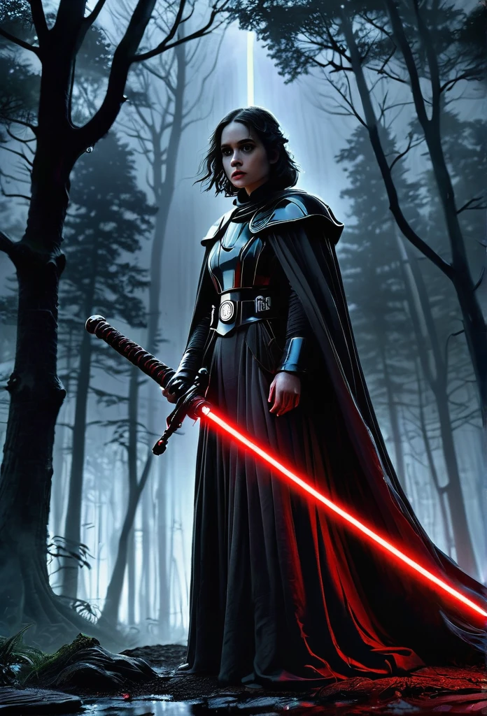 (masterpiece, best quality:1.2), Star wars, forest, young ,Death on the Roof,Cloak,Holding a red long sword,moonlight,heavily clouded, Dark fantasy illustration style , dark arts, High contrast, Dark Shadows, atmospheric perspective, Melancholic colors, Thin Film Component, Volumetric Lighting, number, Brushstrokes, Dramatic Lighting, Low angle shot, Surrealism, Ultra Detailed, Surrealism