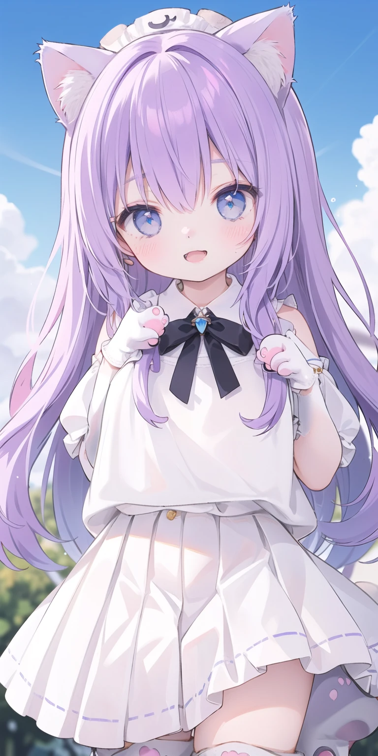 Cute Loli,Long hair,Purple Hair,Close one eye,Smile,open mouth,Piece logo,Big blue eyes,White Lolita,Pleated Skirt,Cat ears,Cat's Tail,Bow,Hair accessories,(Cat's paw gloves:2.0),(White boots:2.0),Leg ring,(whole body:1.7),stage,Sing,Dance,(Paw pose:1.3)