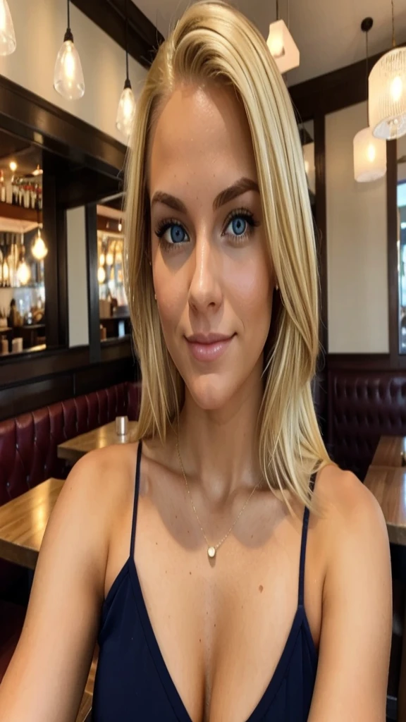 beautiful blonde female named Madison Taylor,american woman, thin face, blonde hair, perfect body, selfie in restaurant