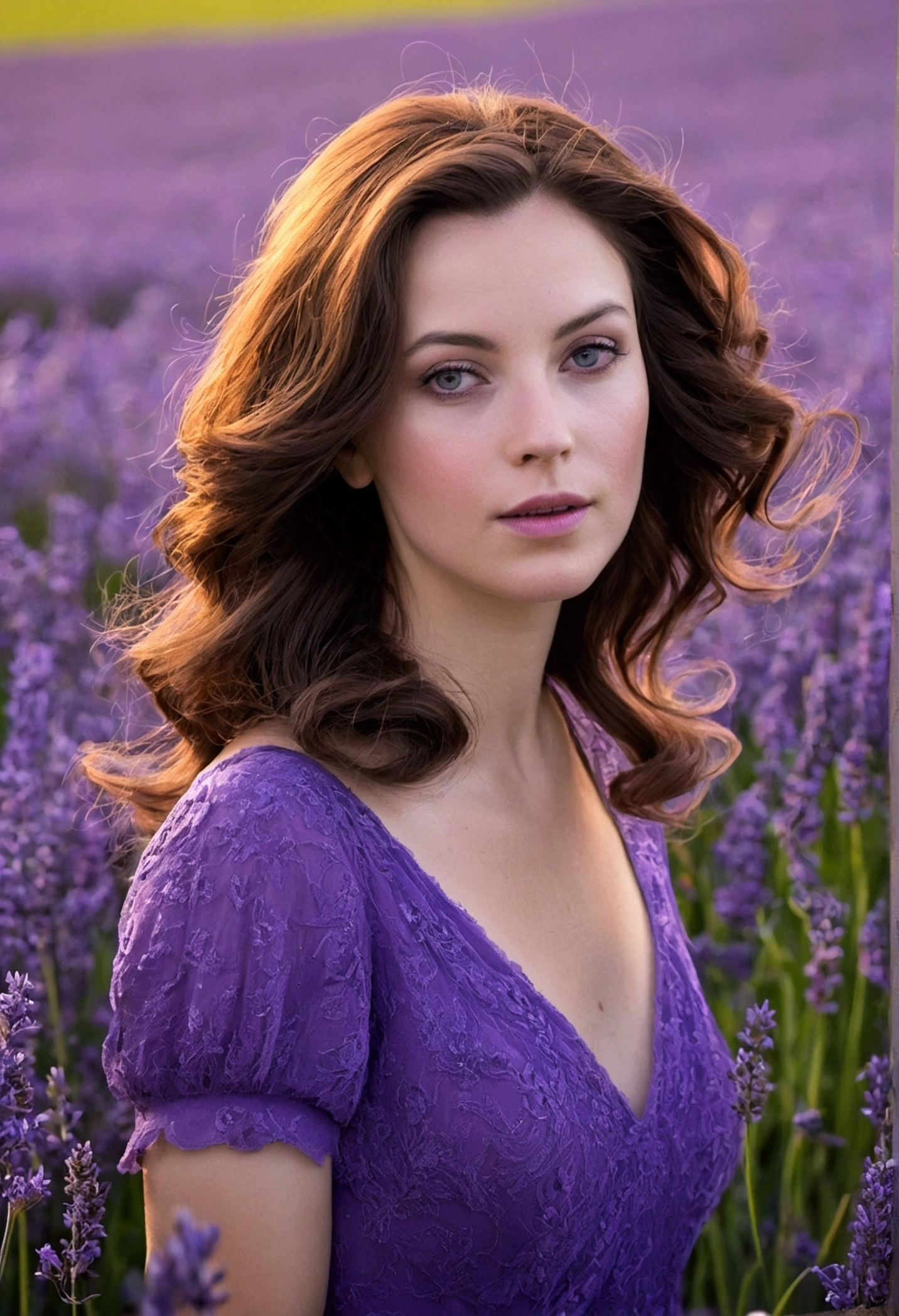 Une photographie enchanteresse capturant une femme aux cheveux violet au milieu d'un champ de lavande en france. ses traits délicats illuminés par la douceur, teintes violettes du crépuscule, évoquant un sentiment de tranquillité et de sérénité. hyper réaliste, très détaillé
