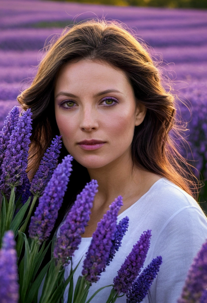 Une photographie enchanteresse capturant une femme aux cheveux violet au milieu d'un champ de lavande en france. ses traits délicats illuminés par la douceur, teintes violettes du crépuscule, évoquant un sentiment de tranquillité et de sérénité. hyper réaliste, très détaillé