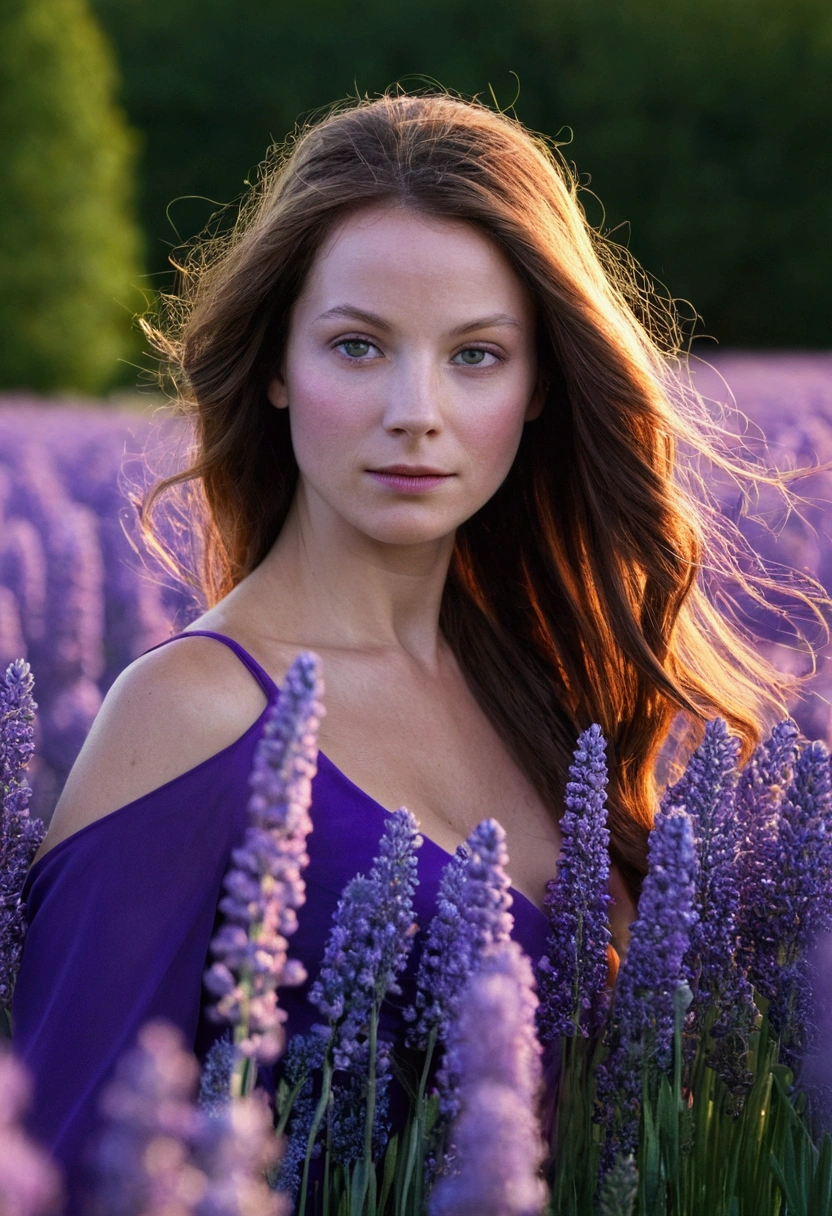 Une photographie enchanteresse capturant une femme aux cheveux violet au milieu d'un champ de lavande en france. ses traits délicats illuminés par la douceur, teintes violettes du crépuscule, évoquant un sentiment de tranquillité et de sérénité. hyper réaliste, très détaillé