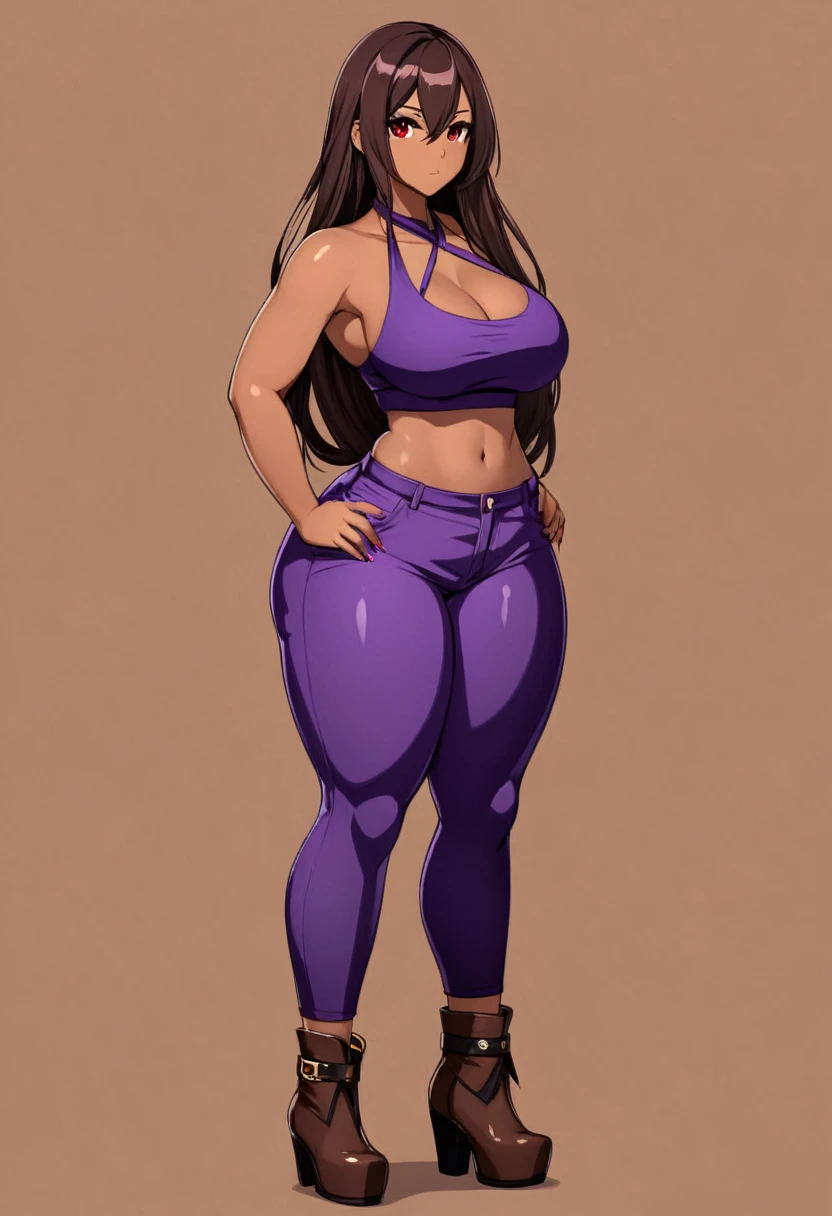 Red eyes brown skin, halter top, shorts, long purple hair, 1 girl, breasts big, big haunches, long hair between the eyes, gazing at viewer, standing alone, whole body, standing, booties, dark brown hair 


