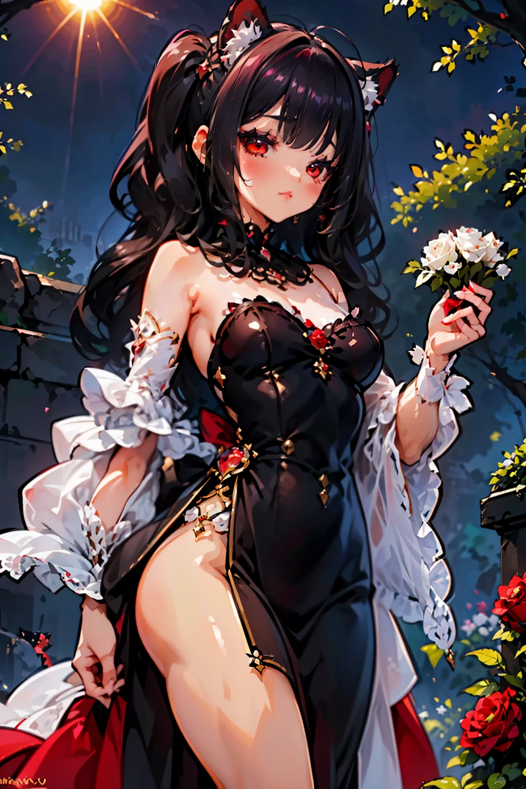 (junkotvv cabello negro con orejas de gato y ojos rojos), The most beautiful rose bush imaginable and an incredibly elegant young woman, magnificently coiffed, spectacularly made up and wearing a dazzlingly fabulous dress. In a dreamlike garden on a magical evening. (obra maestra) (mejor calidad)