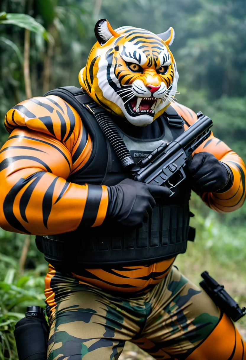 (a dark-skinned fat muscular old man in a bulky camouflage zipper diver suit) shooting with a gun and (wearing roaring siberian tiger mask that show the wearer eyes), muscular, Basuki Abdullah, sumatraism, action, a character portrait, heroic, fierce, snarling, raising fist