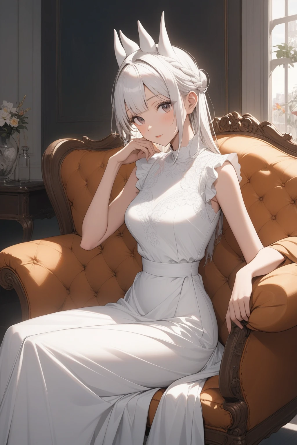 Araffe woman in a white dress sitting on a sofa,