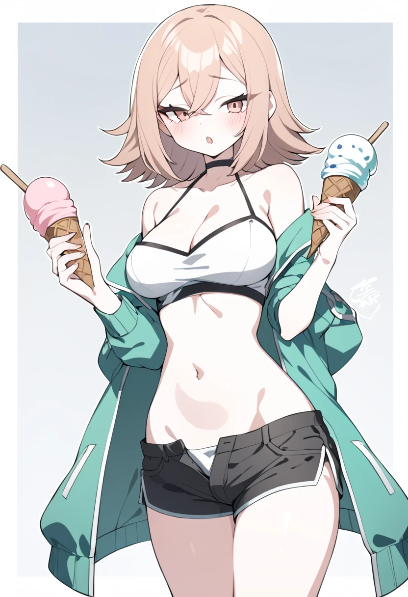 1girl, ultra high res, large chest, cleavage, shorts, exposed tummy, shorts, ice scream, chiaki from danganronpa