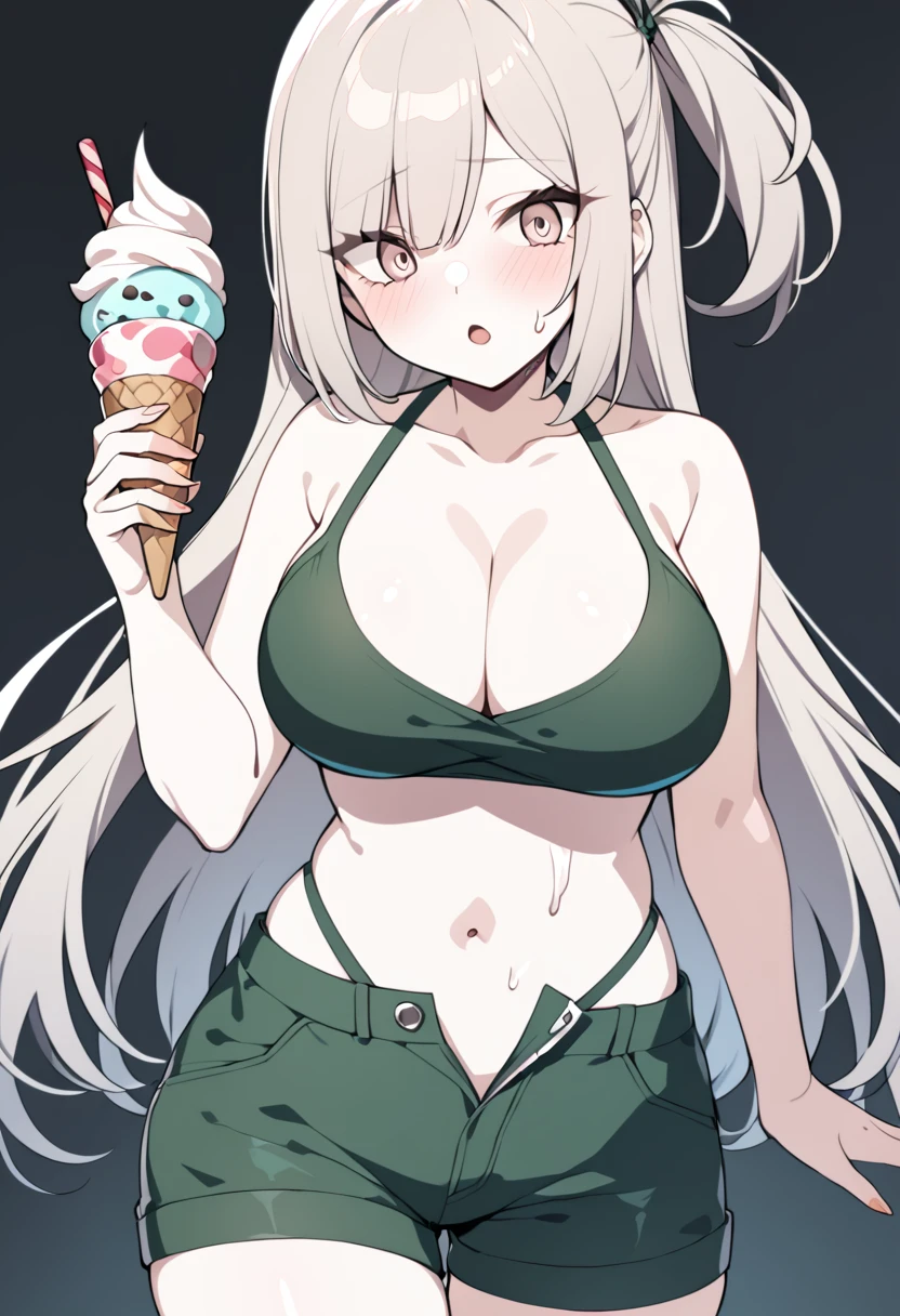 1girl, ultra high res, large chest, cleavage, shorts, exposed tummy, shorts, ice scream, chiaki from danganronpa