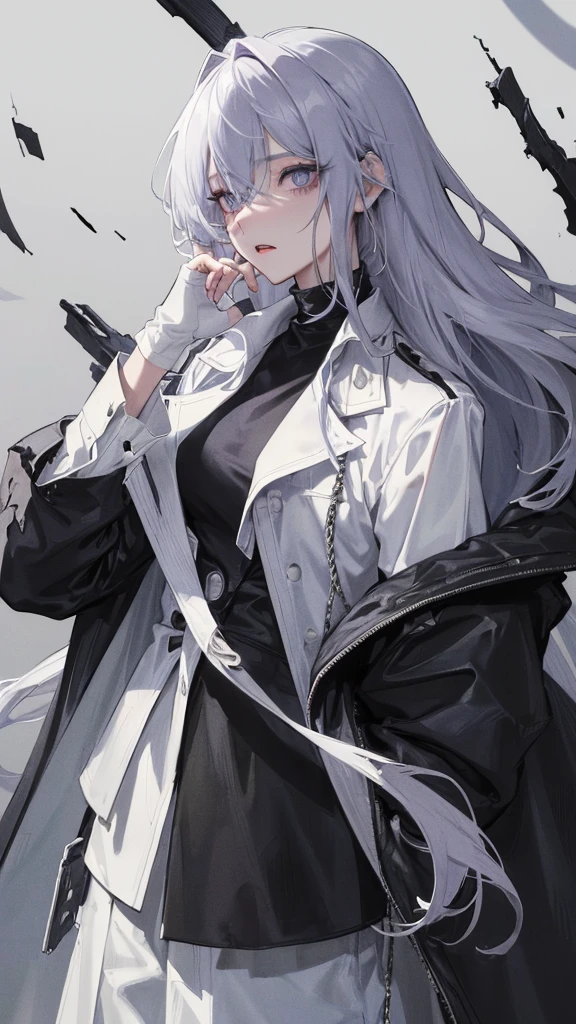 (Top resolution、Distinct_image)top-quality、A girl、masterpiece、highly detailed, half body, Semi-realistic、left eyes purple, right eyes blue 、18year old、black and white hairs ,young 、Exquisite facial features、Facial features ,variation potrait, injured, long hairstyles, zl apocalypse, teenage, cool , cold sharp eyes, An expression of despair., Torn clothes, destroyed clothes, damaged clothing, all dirty, dirty, dirt, lifeless eyes, blood on face, , {Very detailed 8k CG unit wallpaper}, Handsome, solo, female, mafia, black shirt, white pant, black gloves, white coat,