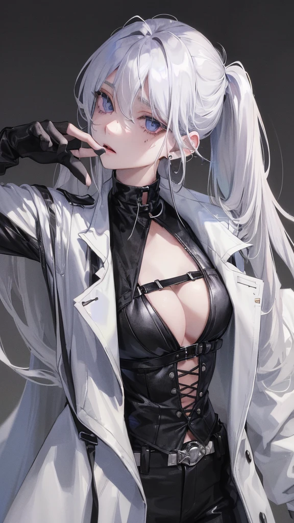 (Top resolution、Distinct_image)top-quality、A girl、masterpiece、highly detailed, half body, Semi-realistic、left eyes purple, right eyes blue 、18year old、black and white hairs ,young 、Exquisite facial features、Facial features ,variation potrait, injured, long hairstyles, zl apocalypse, age, cool , cold sharp eyes, An expression of despair., Torn clothes, destroyed clothes, damaged clothing, all dirty, dirty, dirt, lifeless eyes, blood on face, , {Very detailed 8k CG unit wallpaper}, Handsome, solo, female, mafia, black shirt, white pant, black gloves, white coat,