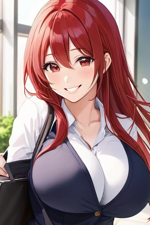 (high quality:1.1),pretty,1 high school student girl,red hair color,middle long hair style,smile,(large breasts:1.4),