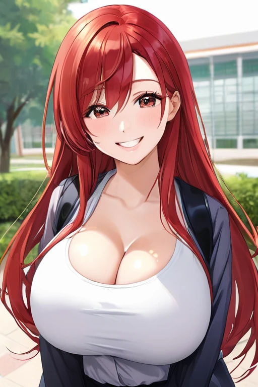 (high quality:1.1),pretty,1 high school student girl,red hair color,middle long hair style,smile,(large breasts:1.4),