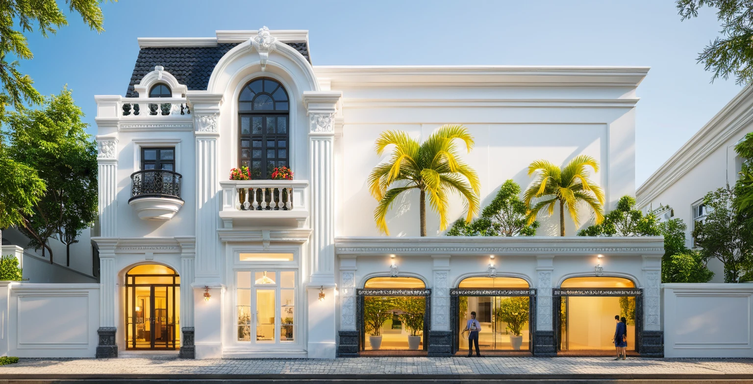 neo classical villa on street, (daylight), tropical tree, vivid colour, streetcapes, white tone, nice detail, white wall, large glass door, warm interior lighting, best quality, masterpiece, ultra realistic