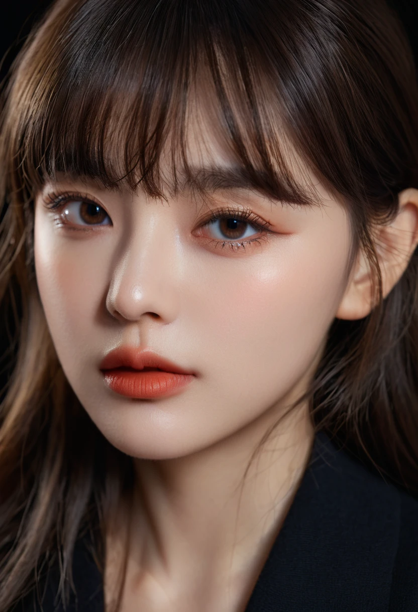 8K, best quality, 1 Girl, (Skin Indentation), night, (dark), Indoor clear background, (people), Beautiful bangs, Gorgeous,, (Clothing and:1.3),Soft lighting, attractive, dark Room, (mouth close:1.2, beautiful eyes, Delicate eyes, Detailed iris, Beautiful lips, Beautiful nose, Pretty Face),(primary color:1.5)