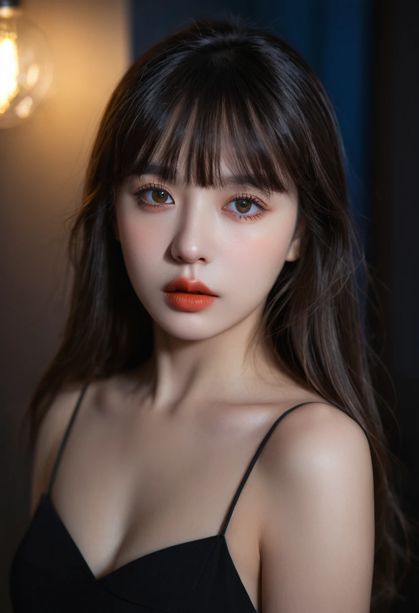 8K, best quality, 1 Girl, (Skin Indentation), night, (dark), Indoor clear background, (people), Beautiful bangs, Gorgeous,, (Clothing and:1.3),Soft lighting, attractive, dark Room, (mouth close:1.2, beautiful eyes, Delicate eyes, Detailed iris, Beautiful lips, Beautiful nose, Pretty Face),(primary color:1.5)