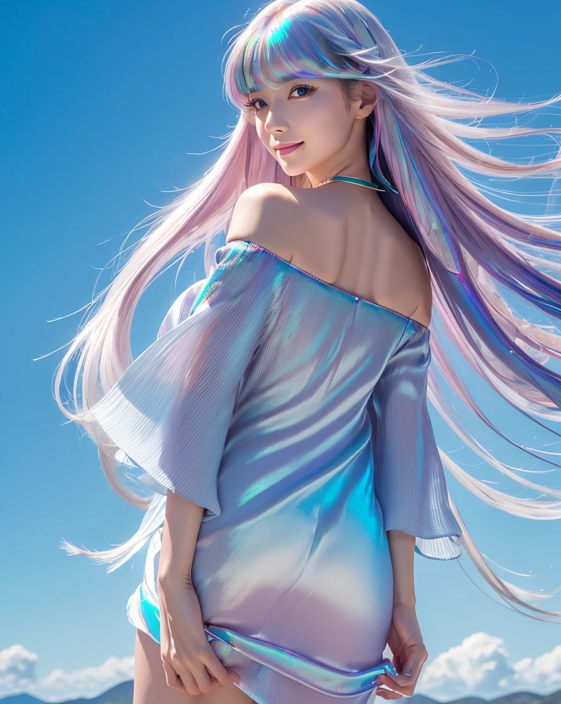 (Highest quality, 32k, High resolution, Masterpiece:1.5), marimo_jet, god々A photograph with brilliant dazzling and healing power., Evoking a sense of calm and elusive beauty, Expressing emotions, Have a rich imagination,Beautiful Japanese Girls, An exceptionally beautiful face, Small Face Beauty, ((Looking back:1.2)), Perfect Human Anatomy, Magical big eyes, Motherhood and generosity, Deep Love, fleeting smile, ((Iridescent gradient hair:1.4)), ((Super Long Straight Silk Hair:1.3)), Asymmetrical bangs, Hair between the eyes, Transparent, soft white skin, Sharp eyebrows, Thin lashes, Natural Makeup, Cheek highlighter, Pale pink detailed lips, ((Blue Off Shoulder Dress:1.3)), High resolutionの完璧な鎖骨, High resolutionの美しい胸元, Slim figure with ample breasts, High resolutionの美しい太もも, ((Detailed blue sky background:1.2)), Professional Lighting, Professional photographer, Professional models, god秘的