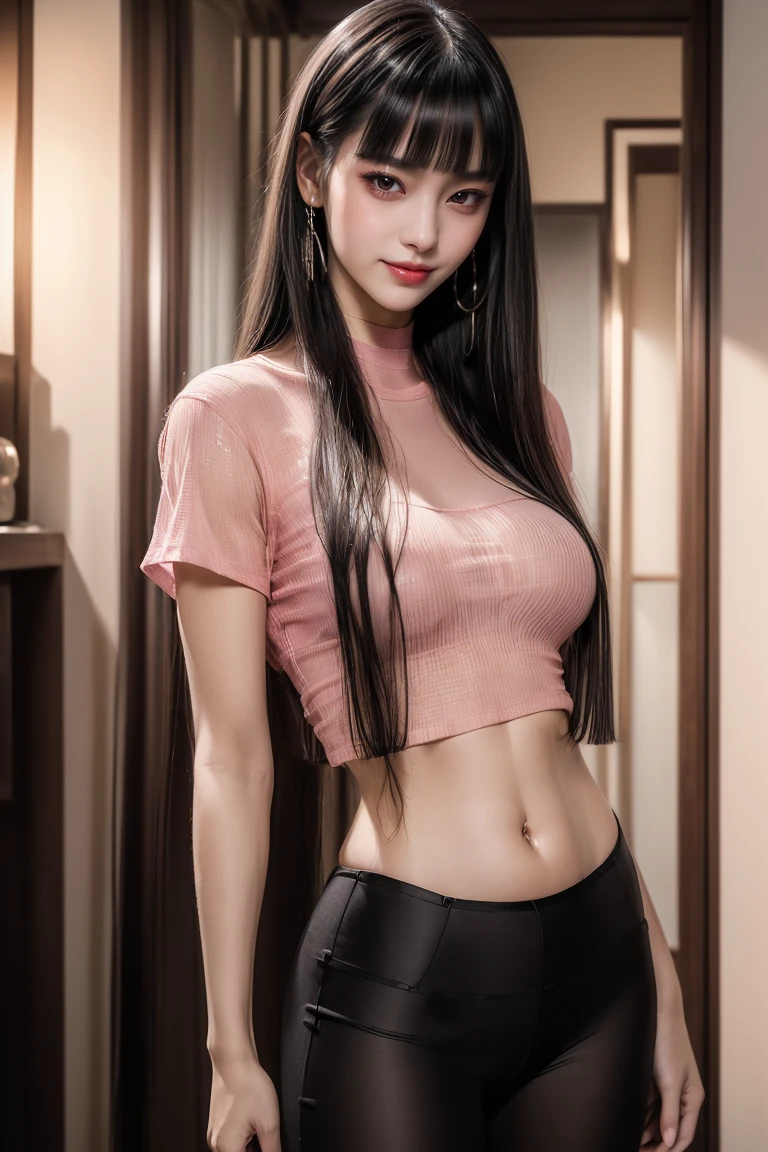 (See-through shirt、belly button、Tight pink t-shirt:1.5)、Black skinny pants:1.2、Ultra-high resolution、(((Blunt bangs, Princess Van))), (((Very heavy,Voluminous bangs:1.1))),(((very length, Very heavy,Very voluminous side locks:1.1))),, Princess Cut, Straight bangs hairstyle, Round face with Blunt bangs, length, Glossless hair、The bangs are cut straight,(masterpiece, Highest quality:1.5), (Ultra-fine 8K CG:1.4), (hyperRealistic:1.25), (PhotoRealistic:1.25), (Realistic:1.4), Cowboy Shot,(Smile 1.3), Beautiful Japanese Girl, , Supermodel, Japanese Idols, (Grin), (Big Breasts:1.5), Sweat、(In the city:1.2)、Accentuate your cleavage、Black Hair:1.2、(Full body image:1.5)、((Real person:1.5))、Perfect balance、(From above:1.5）