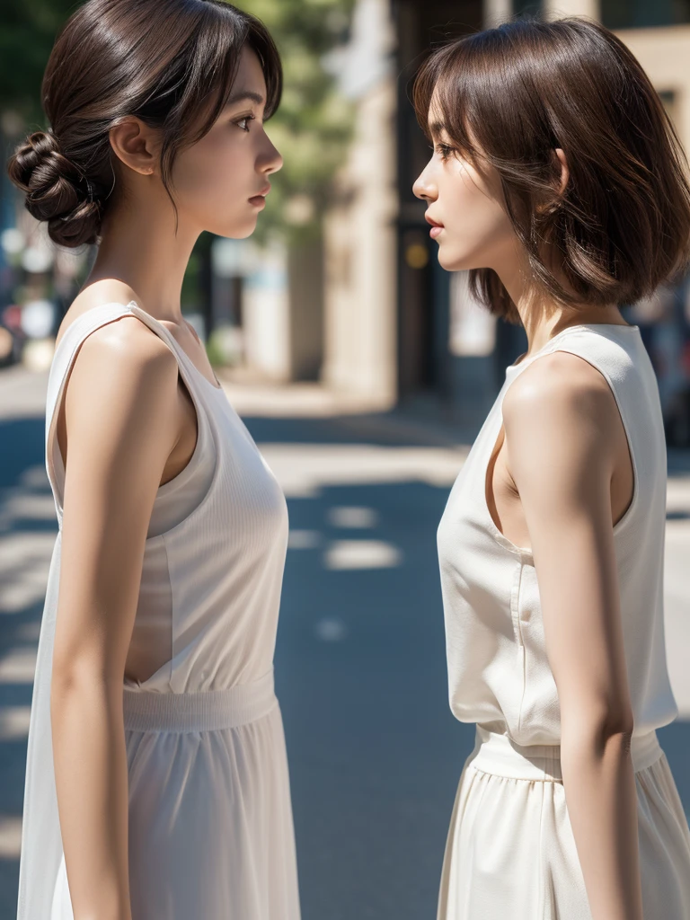 Tabletop、masterpiece,(Stock Emphasis:1.3)、(Sleeveless tops),Natural light、 Attention to detail, Depth of written boundary, 135mm, Super detailed, high quality, Awards, 最high quality, High resolution, 8k,30 years old、(Two women facing each other:1.5),Correct skeleton,(Side Shot;1.3),(Side view:1.5),(On the street)