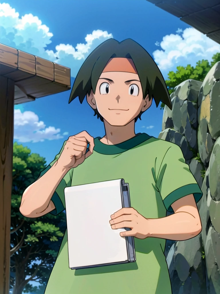 Tracey, solo, smile, shirt, 1boy, closed mouth, upper body, male focus, outdoors, sky, cloud, black eyes, green shirt, anime coloring