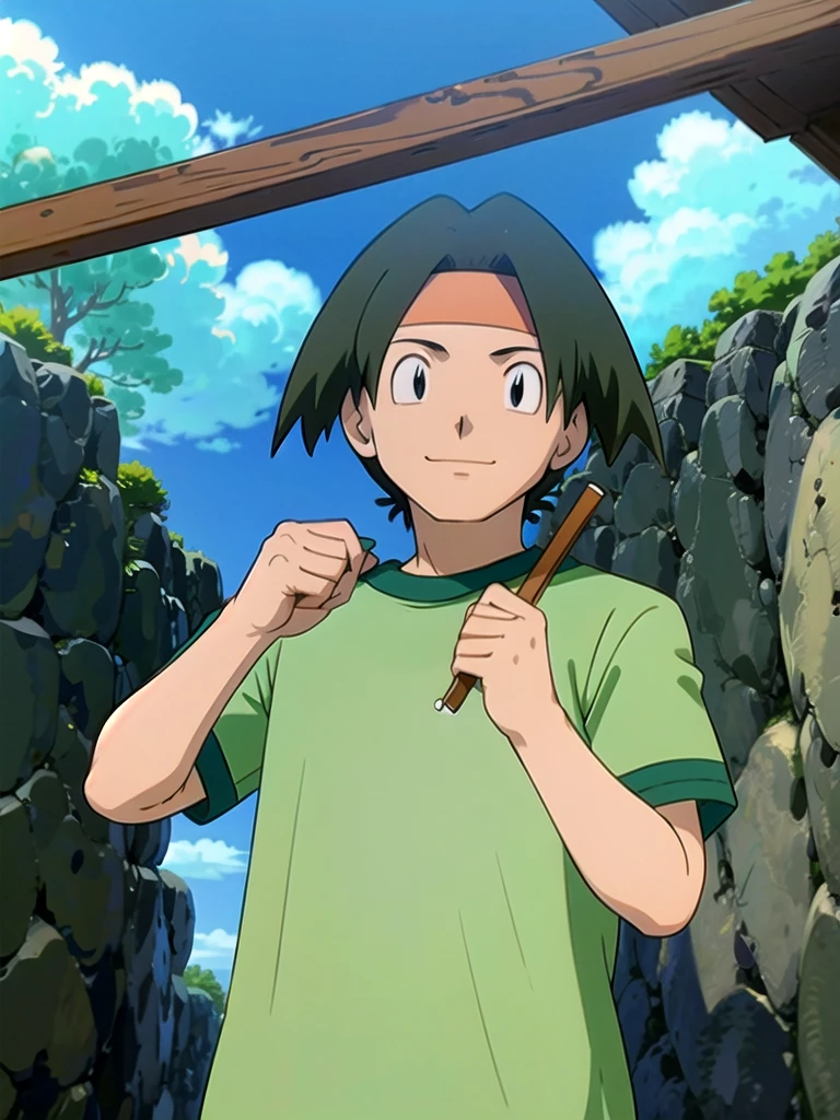 Tracey, solo, smile, shirt, 1boy, closed mouth, upper body, male focus, outdoors, sky, cloud, black eyes, green shirt, anime coloring