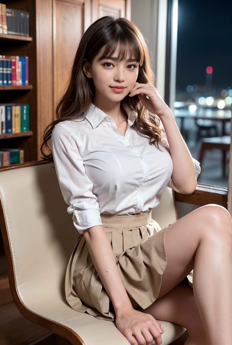 (((neat woman, perverted:1.9,hand on mouth,deep make up:1.8,touch own nipples over clothes:1.9,little pussy juice:1.9))),(((sitting down on the long bench,from below,arched back,huge breasts:1.8,kind big smile:1.8,blush:1.8,deep cheek:1.8))),please touch me,eat me,tempting viewer,i want you))),(((blush,blush,deep cheek,deep cheek)))),(cinematic lighting), (Photo real:1.4)、(A hyper-realistic:1.4)、(Photorealistic:1.3)、 (gentle lighting: 1.05)、(Improve the lighting quality of your video:0.9)、 32k、25years old woman、photorealistic lighting、Back lighting、Facial Lights、Ray Trace、(bright:1.2)、(Increase quality:1.4)、 (best quality real texture skin)、Fair eyes,delicate face、 Close-up of the face, ((((Wearing the white cotton collared-shirts,pleated beige cotton skirt,high-heel:1.4))),(Bodyline mood improvement:1.1)、Glossy skin、good figure,perfect anatomy,Beautiful actress,(((beautiful huge soft breasts:1.8,huge breasts,slender waist,slender hip,long slender legs,8heads tall))),(((8heads tall))),(((brown wavy midium hair,bangs))),(((sweat skin,shiny skin,in the beautiful library,super clean night view,in the night))),
