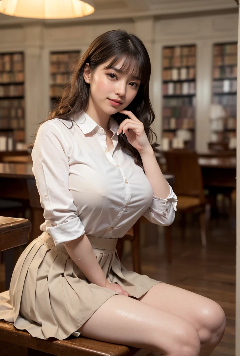 (((neat woman, perverted:1.9,hand on mouth,deep make up:1.8,touch own nipples over clothes:1.9,little pussy juice:1.9))),(((leaning forward,from below,huge breasts:1.8,kind smile:1.8,blush:1.8,deep cheek:1.8))),please touch me,eat me,tempting viewer,i want you))),(((blush,blush,deep cheek,deep cheek)))),(cinematic lighting), (Photo real:1.4)、(A hyper-realistic:1.4)、(Photorealistic:1.3)、 (gentle lighting: 1.05)、(Improve the lighting quality of your video:0.9)、 32k、25years old woman、photorealistic lighting、Back lighting、Facial Lights、Ray Trace、(bright:1.2)、(Increase quality:1.4)、 (best quality real texture skin)、Fair eyes,delicate face、 Close-up of the face,  ((((Wearing the tight white collared-shirts,high-neck,pleated beige skirt,high-heel:1.4))),(Bodyline mood improvement:1.1)、Glossy skin、good figure,perfect anatomy,Beautiful actress,(((beautiful huge soft breasts:1.8,huge breasts,slender waist,slender hip,long slender legs,8heads tall))),(((8heads tall))),(((brown wavy midium hair,bangs))),(((sweat skin,shiny skin,in the beautiful library,super clean night view,in the night))),