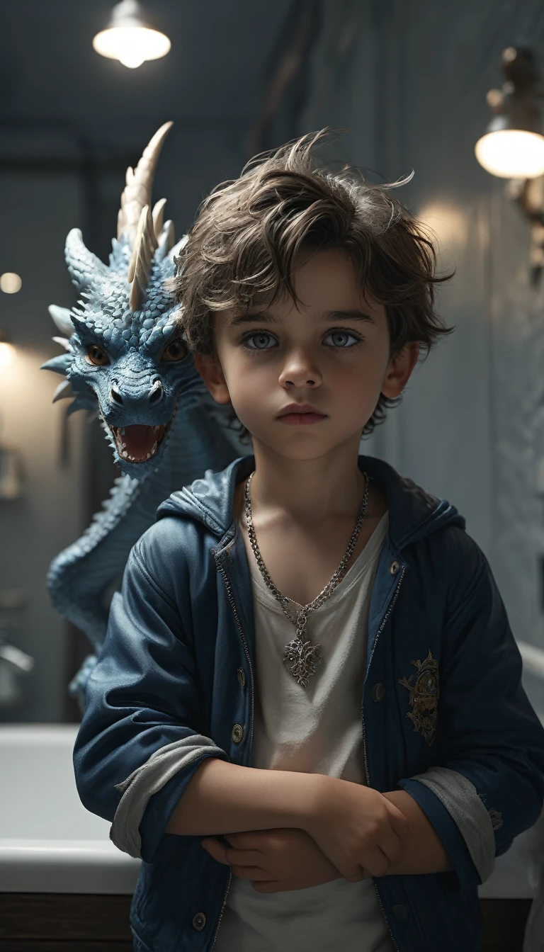 Surrealism:1.5, looking at the camera, Bokeh, Jack Blue in a blue jacket, Carjacking, High-quality DSLR snapshots, High-definition film grain photo taken at f/16, ISO 100, With 200mm lens, Global Illumination, FibonacciUNDERWEAR, SHORTS, PANTS, AS TOM HOLLAND, (((LITTLE CUTE YOUNG BOY))), (fantasy art), 1 boy, about ,, IN BATHROOM, AI NIGHT, NO LIGHT, , beautiful, perfect face, sweet face, with a fantastic big white dragon, dark eyes, fantastic clothes with bare arms and legs , medium mane dark hair, fantastic hairstyle, necklaces and bracelets,, fantasy, (masterpiece, photorealistic, absurd), dappled sunlight, studio lighting, ((on neutral dark gray background)),, IN CASTLE,