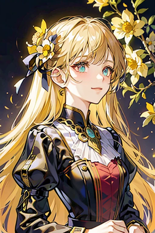 Masterpiece, high quality, Single female, Ethereal, beautiful,portrait, long golden hair, no bangs, olive skin, vivid ruby eyes, glittering eyes, yellow eyebrows, radiant smile, colorful, red colors, black colors, balck cocktail dress, black sleeves, no accessories, flowy,The face is smug, arrogant, glassy eyes, chamomile flowers in the background, Russia background, chamomile flower, Rich in color, close-up shot, bust photo, NO hands.