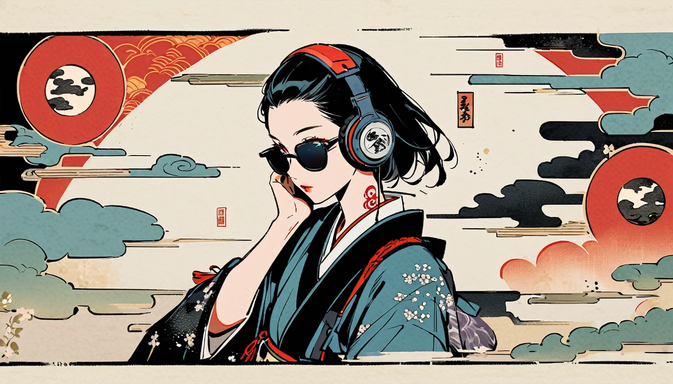 Red eyes, Ink Painting, 1 girl, tattoo, sunglasses, Japanese style headphones, beautiful girl, Black Hair, peace, Delicate and precise, Modern ukiyo-e style, Multicolored background