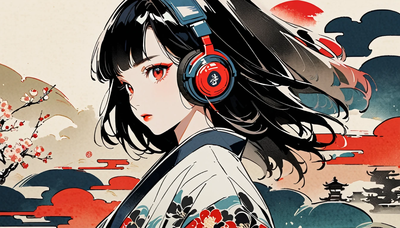 Red eyes, Ink Painting, 1 girl, tattoo, sunglasses, Japanese style headphones, beautiful girl, Black Hair, peace, Delicate and precise, Modern ukiyo-e style, Multicolored background