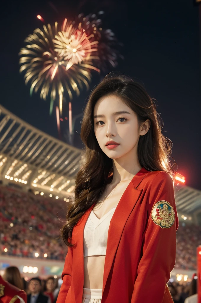 (((best quality))),(((ultra detailed))),(((masterpiece))),illustration, ((Olympic Opening Ceremony,in Paris,summer night,magnificent National stadium of France,Olympic flame, fireworks)),(crowded crowds of enthusiastic spectators:1.3),((a beautiful Chinese girl,solo)),((shoulder length straight hair:1.2)),((slim,thin)),((small breasts,flat chest)),(red blazer:1.5),(underneath the blazer was yellow dress:1.2),(slender legs:1.2),excited expression, awe, celebrating, electric atmosphere, sense of pride, excitement, playing field, crowd energy, unity, camaraderie, representing China, historic event, memorable moment,((from front,upper body))
