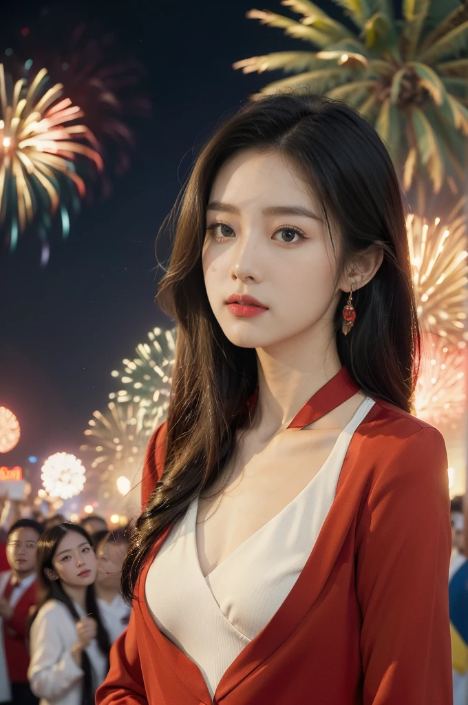 (((best quality))),(((ultra detailed))),(((masterpiece))),illustration, ((Olympic Opening Ceremony,in Paris,summer night,magnificent National stadium of France,Olympic flame, fireworks)),(crowded crowds of enthusiastic spectators:1.3),((a beautiful Chinese girl,solo)),((shoulder length straight hair:1.2)),((slim,thin)),((small breasts,flat chest)),(red blazer:1.5),(underneath the blazer was yellow dress:1.2),(slender legs:1.2),excited expression, awe, celebrating, electric atmosphere, sense of pride, excitement, playing field, crowd energy, unity, camaraderie, representing China, historic event, memorable moment,((from front,upper body))