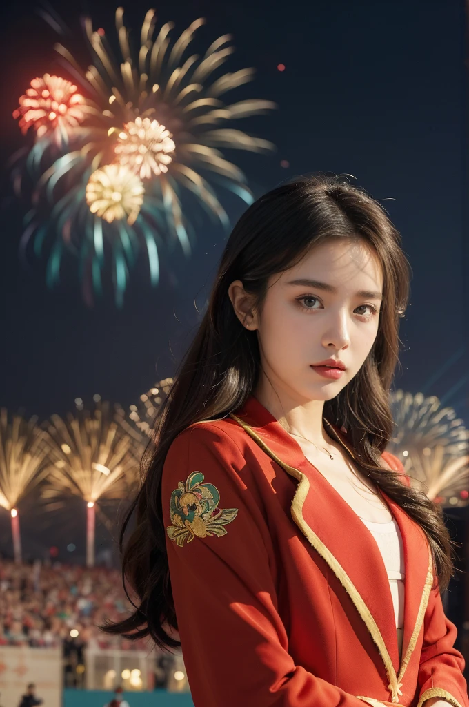 (((best quality))),(((ultra detailed))),(((masterpiece))),illustration, ((Olympic Opening Ceremony,in Paris,summer night,magnificent National stadium of France,Olympic flame, fireworks)),(crowded crowds of enthusiastic spectators:1.3),((a beautiful Chinese girl,solo)),((shoulder length straight hair:1.2)),((slim,thin)),((small breasts,flat chest)),(red blazer:1.5),(underneath the blazer was yellow dress:1.2),(slender legs:1.2),excited expression, awe, celebrating, electric atmosphere, sense of pride, excitement, playing field, crowd energy, unity, camaraderie, representing China, historic event, memorable moment,((from front,upper body))