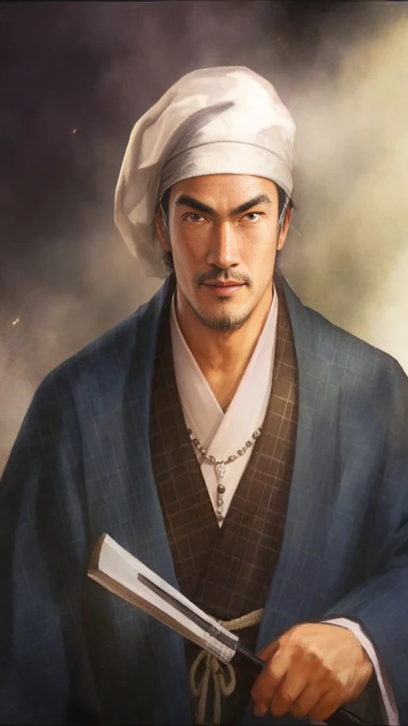 A high-resolution 4K vertical photograph of a samurai warrior inspired by the provided illustration. The samurai is wearing a traditional blue kimono with a prominently emphasized white headscarf. He has a smiling expression and is holding a weapon. The background depicts a battlefield, adding intensity to the scene. The atmosphere is serious, reflecting the warrior's readiness for action.