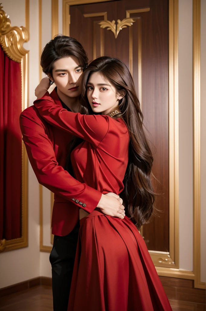 1 man,1woman, woman in long hair, woman look like Dashaa Taran, brown hair, purple eyes, red shirt, black skirt, man in musculair, man look Lee Min Ho, suit, trained, man are taller than woman, hugging romance, background gold red luxurious house room
