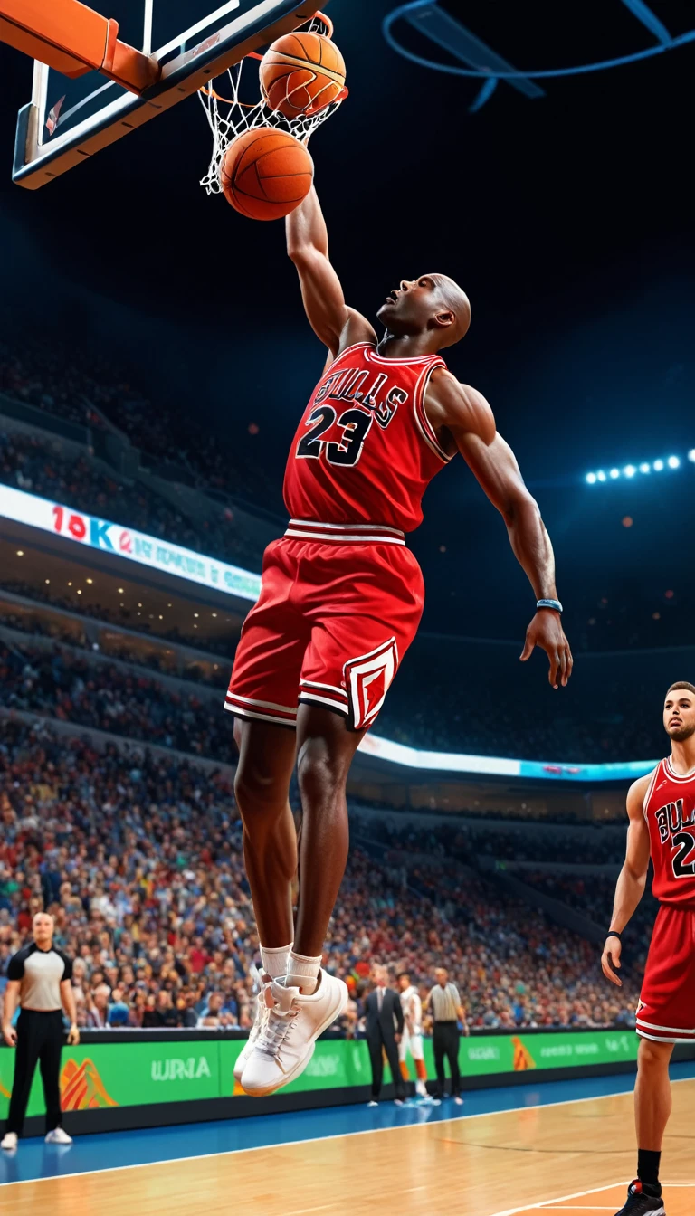 A muscular African American man, Michael Jordan, performing a powerful game-winning dunk, high jump with a salto, long jump with wide open legs, throwing the basketball towards the hoop, dynamic action pose, realistic, photorealistic, highly detailed, (best quality,4k,8k,highres,masterpiece:1.2),ultra-detailed,(realistic,photorealistic,photo-realistic:1.37),HDR,UHD,studio lighting,ultra-fine painting,sharp focus,physically-based rendering,extreme detail description,professional,vivid colors,bokeh,sports,basketball