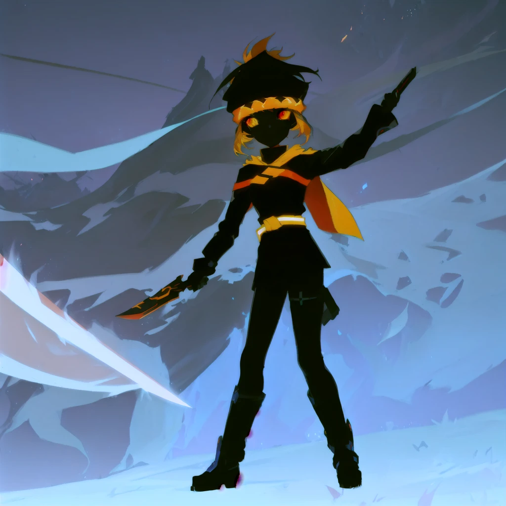 1girl, cartoon of a person, style of duelyst, pyre, she is holding a blade, mystic ninja, videogame still, hero 2 d fanart artsation, yellow cape, glowing white eyes, messy hair, humanoid, dark silhouette, orange pattern, yellow headband, yellow belt