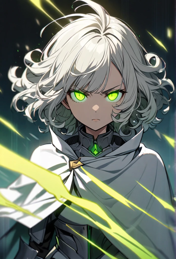 Girl, short hair, curly hair, green eyes, white cloak, grey armor, cool, glowing eyes, gradient yellow and white hair, 