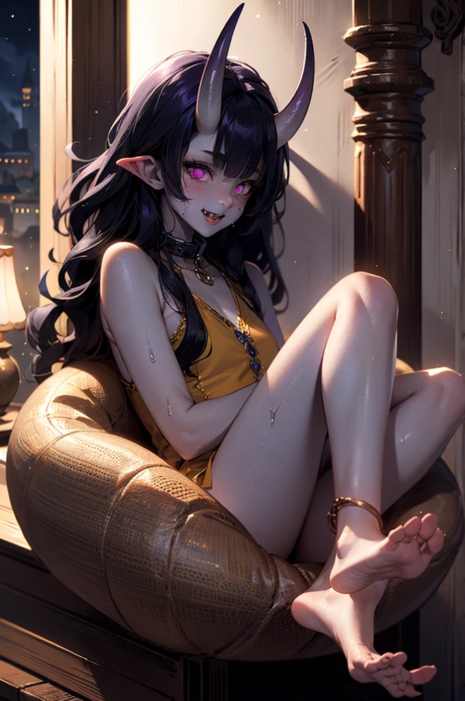 1girl, (grey skin, purple skin:1.4), dark skin, (oni, oni horns), sitting, relaxed, demon girl, (long black hair, cute hairstyle, messy hair), lots of hair, (large eyes, glowing eyes, purple eyes), (slit pupils), lithe, thin, sinuous, (toned body, strong, fit), sweaty, sweat, wild, lewd, sadistic expression, evil grin, cruel, small hands, small feet, iron collar, iron shackles, aroused, feral, full body, dynamic, (inhuman, femdom), bangles, exotic, fantasy species, sorceress dress, sexy one-piece, silk, (fangs), (medieval fantasy, cozy home, comfortable room, indoors, late night, night:1.4, warm atmosphere, luxurious hearth, deep shadows, rich wood, adventurer's home), (best quality:1.2, sharp clarity, great skin detail, photorealistic, detailed features, magical realism), analog style, raw photograph, feet, toes, barefoot, from below, FanInt, 0n1, herzhax, short eyebrows, pickle eyebrows, cut3h0rnstyl3, fantasy, tree, Medieval fantasy world, Moonlight at night, Night scene