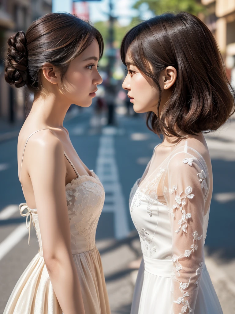 Tabletop、masterpiece,(Stock Emphasis:1.3)、(dress:1.3),Natural light、 Attention to detail, Depth of written boundary, 135mm, Super detailed, high quality, Awards, 最high quality, High resolution, 8k,30 years old、(Two women facing each other:1.5),Correct skeleton,(Side Shot;1.3),(Side view:1.5),(On the street)