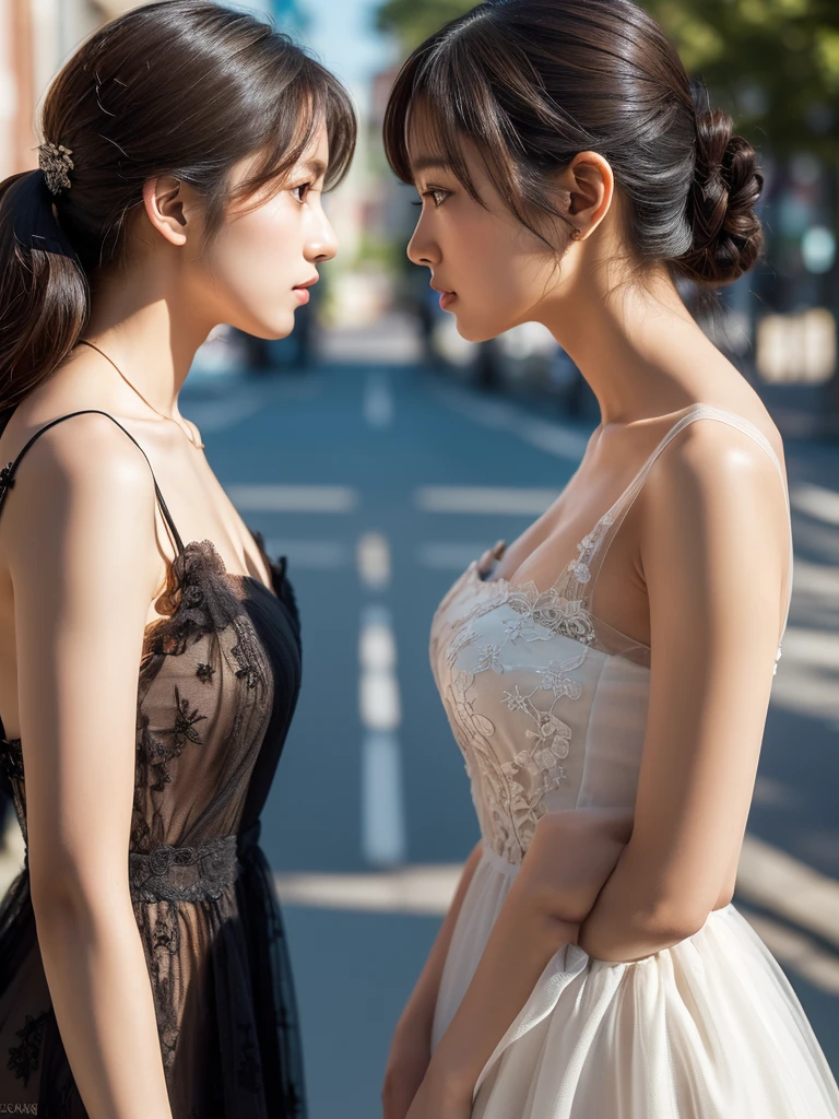 Tabletop、masterpiece,(Stock Emphasis:1.3)、(dress:1.3),Natural light、 Attention to detail, Depth of written boundary, 135mm, Super detailed, high quality, Awards, 最high quality, High resolution, 8k,30 years old、(Two women facing each other:1.5),Correct skeleton,(Side Shot;1.3),(Side view:1.5),(On the street)