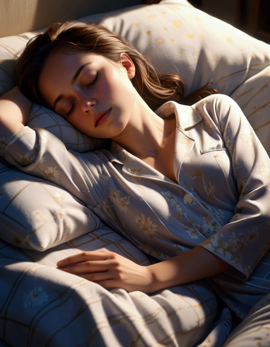1girl, european, close-up, closed_eyes, sleeping, brunette, at night, closeup, night pajama, dark room, dark studio, wide angle, full body, fetal position