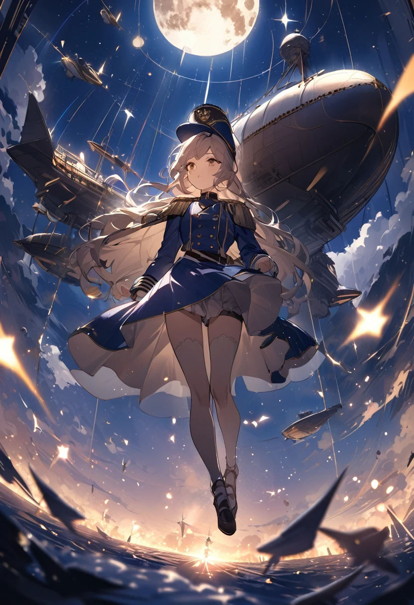 **Cinematic 8K image of a young, beautiful female airship captain from the Industrial Revolution era, floating midair. Full body shot from below. She gazes up in awe at a massive Zeppelin airship above her. Wearing a regal captain's uniform with brass buttons, epaulettes, and a decorated hat. Night scene with a luminous full moon and a canopy of twinkling stars. The Zeppelin emits a powerful beam of light engulfing the woman, lifting her skyward. Shimmering particles surround the floating figure. Dramatic lighting contrasts the rich, warm tones of her uniform against the cool night sky and silver Zeppelin. Professional movie-quality composition and lighting.