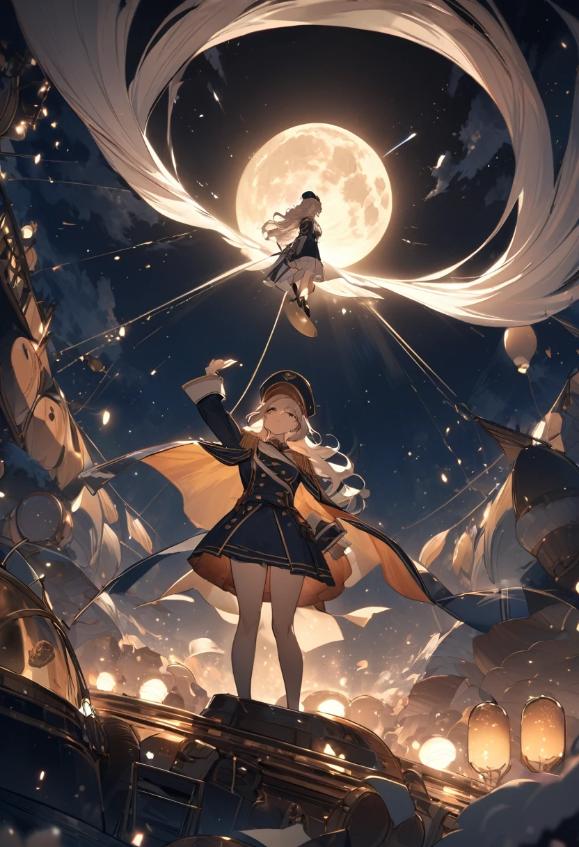 **Cinematic 8K image of a young, beautiful female airship captain from the Industrial Revolution era, floating midair. Full body shot from below. She gazes up in awe at a massive Zeppelin airship above her. Wearing a regal captain's uniform with brass buttons, epaulettes, and a decorated hat. Night scene with a luminous full moon and a canopy of twinkling stars. The Zeppelin emits a powerful beam of light engulfing the woman, lifting her skyward. Shimmering particles surround the floating figure. Dramatic lighting contrasts the rich, warm tones of her uniform against the cool night sky and silver Zeppelin. Professional movie-quality composition and lighting. 