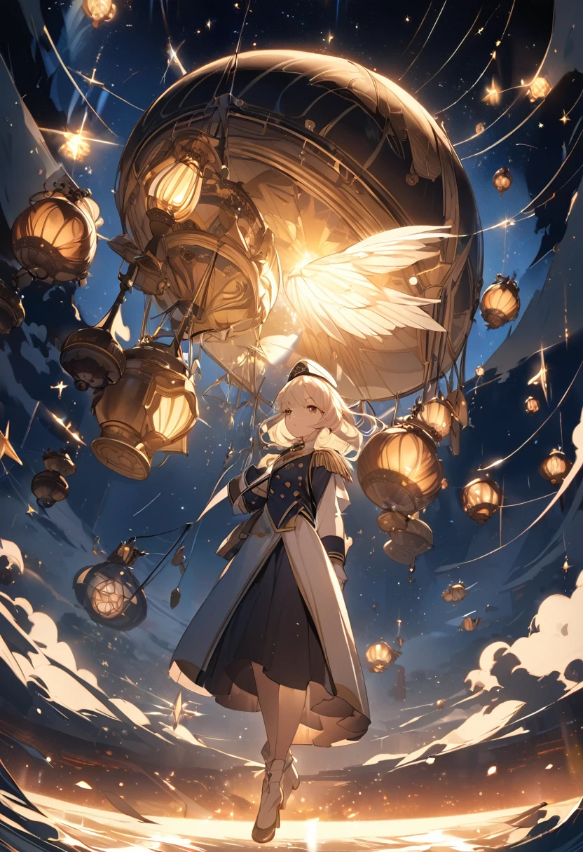 **Cinematic 8K image of a young, beautiful female airship captain from the Industrial Revolution era, floating midair. Full body shot from below. She gazes up in awe at a massive Zeppelin airship above her. Wearing a regal captain's uniform with brass buttons, epaulettes, and a decorated hat. Night scene with a luminous full moon and a canopy of twinkling stars. The Zeppelin emits a powerful beam of light engulfing the woman, lifting her skyward. Shimmering particles surround the floating figure. Dramatic lighting contrasts the rich, warm tones of her uniform against the cool night sky and silver Zeppelin. Professional movie-quality composition and lighting. 
