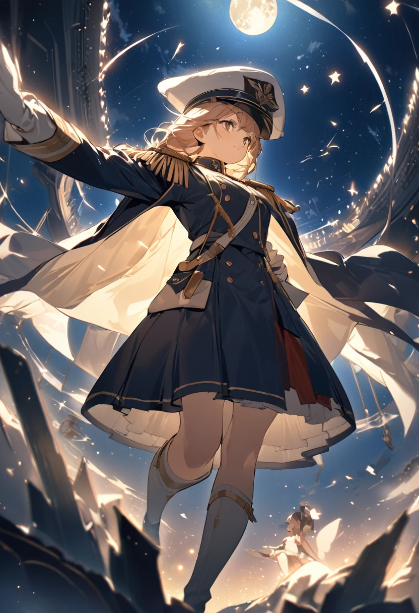 **Cinematic 8K image of a young, beautiful female airship captain from the Industrial Revolution era, floating midair. Full body shot from below. She gazes up in awe at a massive Zeppelin airship above her. Wearing a regal captain's uniform with brass buttons, epaulettes, and a decorated hat. Night scene with a luminous full moon and a canopy of twinkling stars. The Zeppelin emits a powerful beam of light engulfing the woman, lifting her skyward. Shimmering particles surround the floating figure. Dramatic lighting contrasts the rich, warm tones of her uniform against the cool night sky and silver Zeppelin. Professional movie-quality composition and lighting.