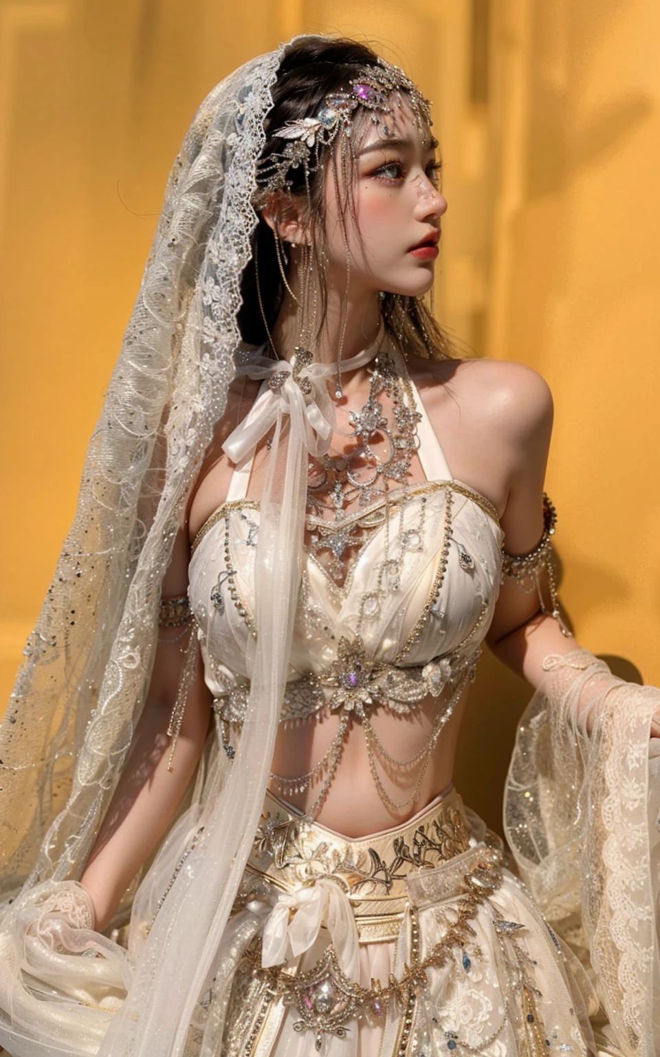 Game Art，Best image quality，Maximum resolution，8K，(A bust photo)，(portrait)，(Head close-up)，(Rule of Thirds)，Unreal Engine 5 rendering works，20 year old girl，((Queen))，The eyes are very detailed，(Large Breasts)，Elegant and noble，light，Ray Tracing，Game CG，((3D Unreal Engine))，OC rendering reflection mode，4K，Ultra-clear，Sensual，Translucent lace，Fair and plump figure，Pretty Face，Glossy Gel Coat，身着华贵礼服的Queen，Crystal Gem Crown，Necklace jewelry，blue eyes，The tattoo is very three-dimensional，Gorgeous and intricate tattoo designs，Ultra-clear portrait，Sexy thick lips(Red lipstick)，Gorgeous clothing